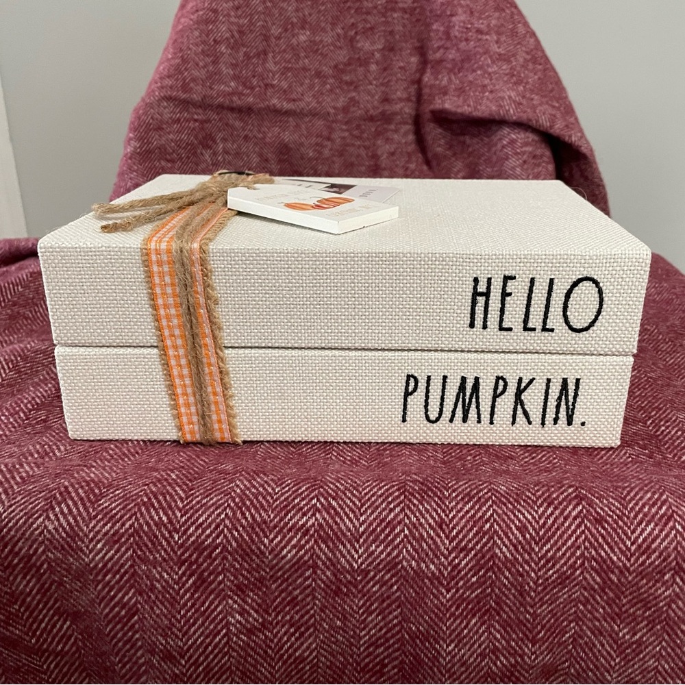 Rae Dunn “Hello Pumpkin” decorative stacked books.